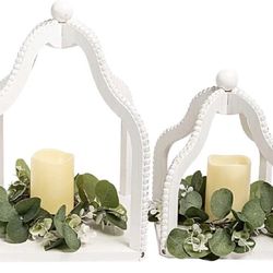 11"L x 11.5"W x 11"H HPC Decor 2 Pack Rustic Farmhouse Lantern Decor,White Candle Lanterns Decorative w/LED Lights String