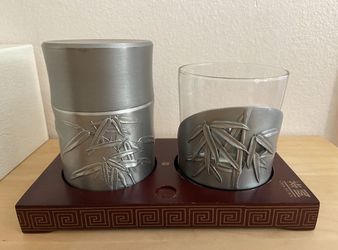 Chinese Pewter Tea Caddy & Cup Holder Set