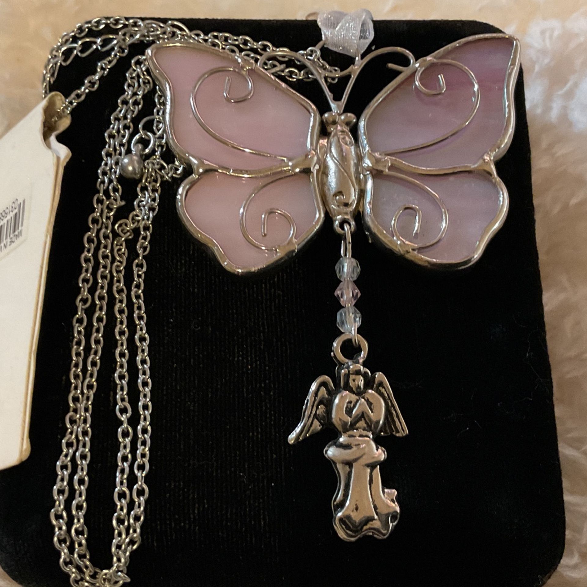 Silver Necklace W/Beautiful Pink Butterfly Pendant With Dangling Silver Angel