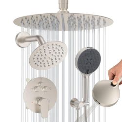 Brushed Nickel Shower Faucet Set - High Pressure Rain Shower System with 12” Ceiling Mount Shower Head, 6” Wall Mount Showerhead and Handheld, Modern 