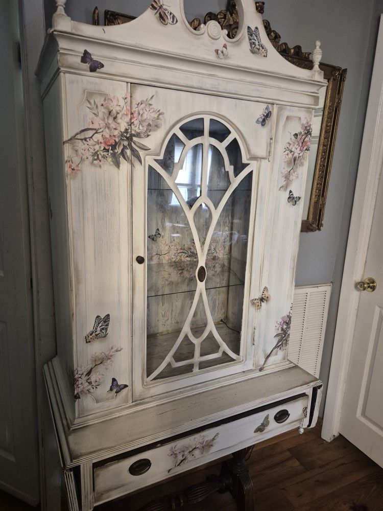 Small Antique Vintage China Cabinet Painted With Cherry Blossoms