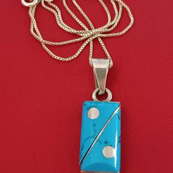 Vtg.Mexico Sterling Silver Turquoise Pendant Necklace- 17 In.