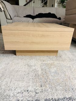 Wade Logan Caomhan Pedestal Coffee Table w/ Storage — Oak (Wayfair, $265 retail)