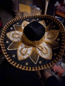 Vintage Pigalle Mexican Charro Sombrero Black Gold White Embroidered Mariachi Hat