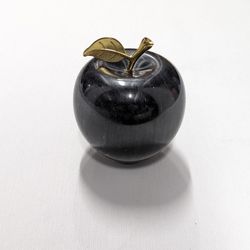 Vintage Obsidian Swirl Marble Stone Apple Paperweight with Brass Leaf MCM 