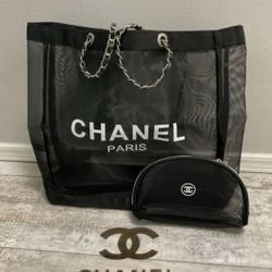 Black Mesh Tote Bag And Matching Pouch