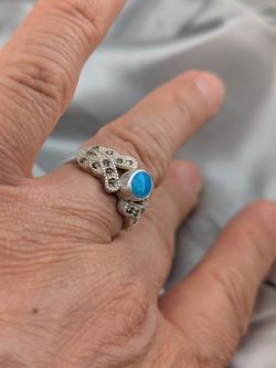 925 STERLING SILVER Simulated Turquoise Marcasite Ring SIZE 8.5
