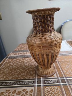 Vintage large wicker vase, bohemian wicker rattan vase, boho decor, coastal vase, 12" farmhouse vase,organic modern
