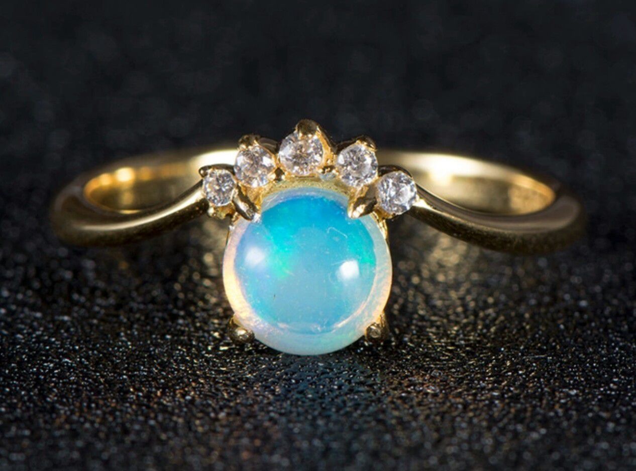 Natural Opal Gemstone Ring with CZ Accents