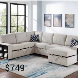 4-Pc Boucle Sectional Sofa 2 Built In Shelves With Pullout Bed & Storage 