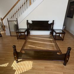 Vintage Solid Wood Bed Frame Set w/ Matching Nightstands