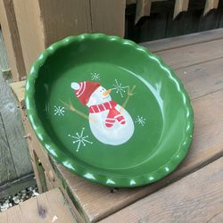 Hand Painted Snowman 9” Stoneware Deep Dish Pie Plate - Excellent Condition 