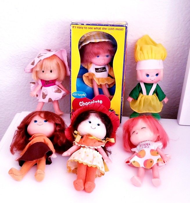Vintage 1980s Fun World Chocolate Pudding Doll 8635 NRFB Hong Kong Rare Lanard Jelly Bean Dolls & Baby Petals Daisy Figure toy Lot x 6