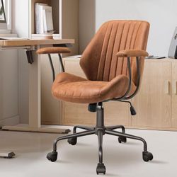 Mid Century Modren Office Chair - Mid Back Swivel Executive Chair with Lumbar Support,Ergonomic Computer Desk Chair with Wheels,Faux Lether Suede Task