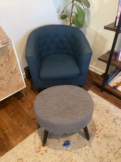2 Navy Blue Accent Armchairs + Gray Ottoman – Great Condition