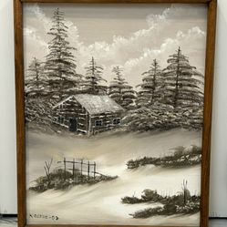 BEAUTIFUL WOOD FRAMED SIGNED WINTER SCENE OIL PAINTING  