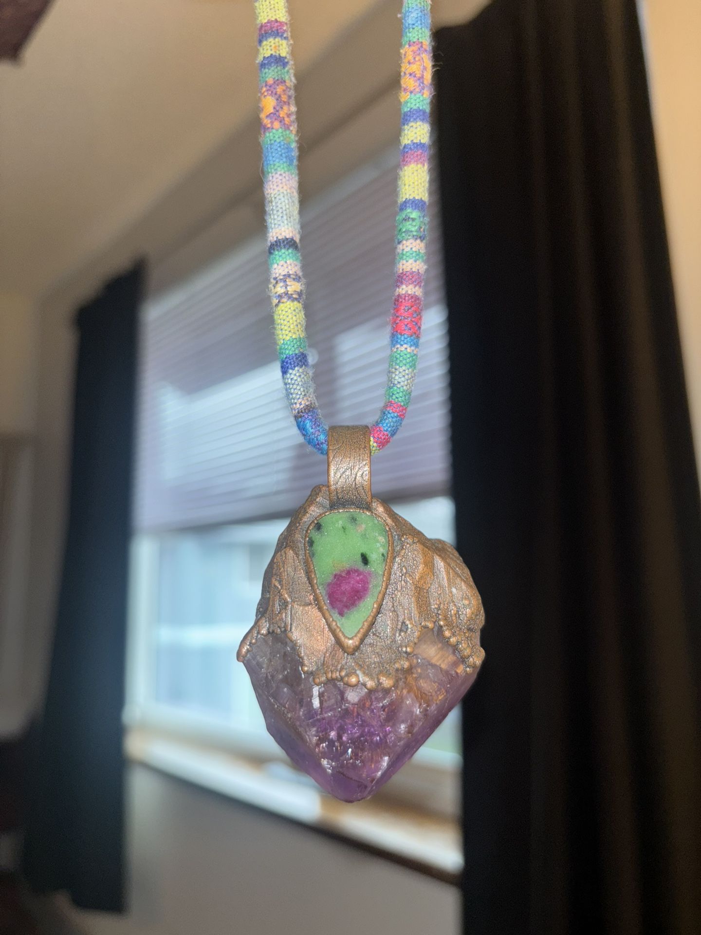 Handcrafted Real Amethyst Pendant with Ruby Zoisite Stone