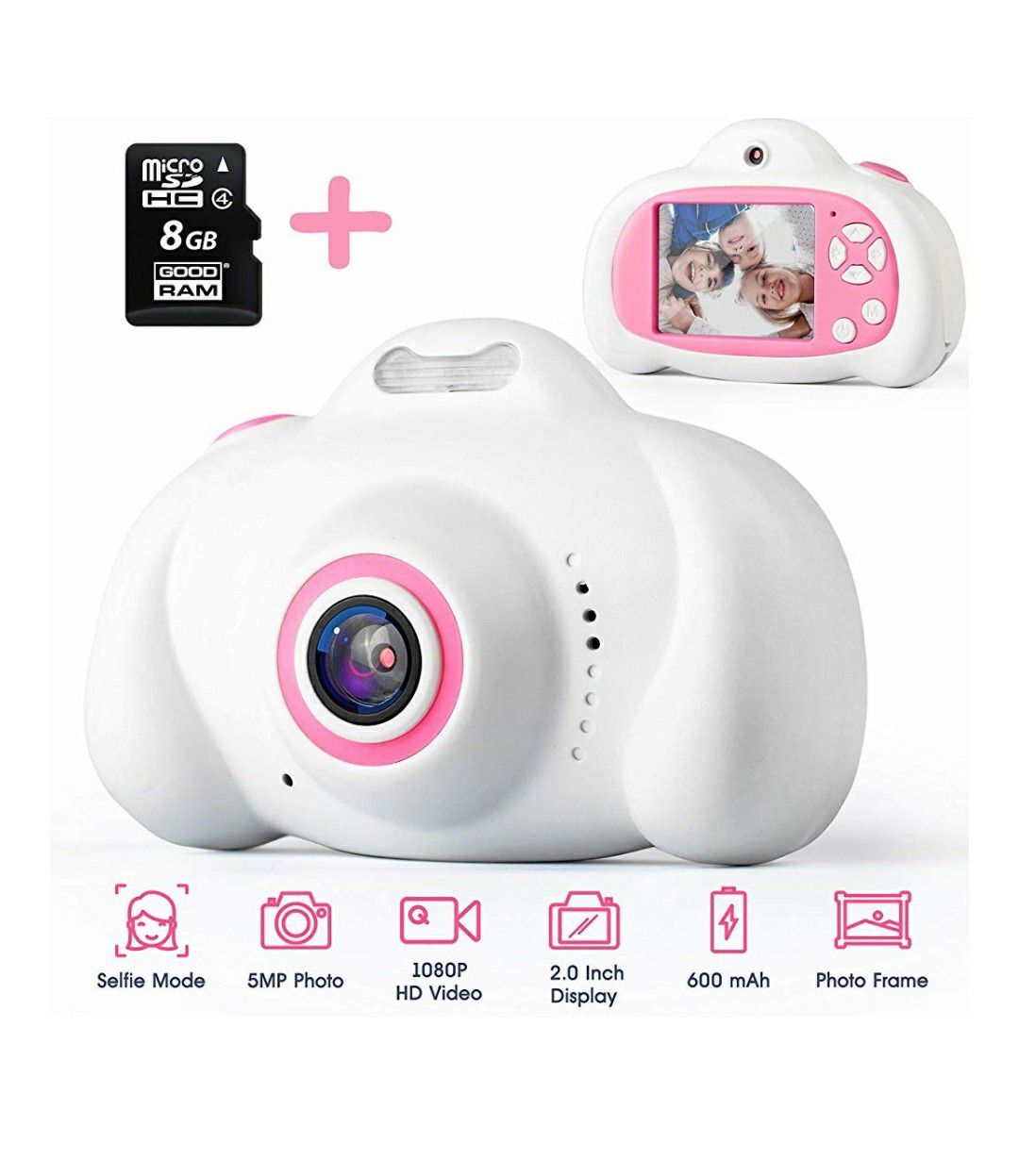 Selfie Kids Camera for Girls & Boys as Gift - Digital Toy for Children 3-8 Year Old - Shockproof 2" HD Display, 2 Lens 5MP Photo & 1080P Videо