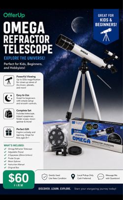 OfferUp Title:  🔭 Omega Refractor Telescope with Tripod & Accessories – Complete Set – Like New