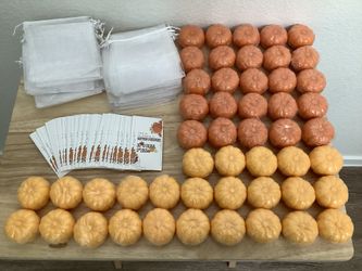 Liliful 50-Set Mini Fall Pumpkin Baby Shower Favors Includes 2-Color Scented Pumpkin Soaps, Thank You Cards & White Drawstring Gift Bags, Orange