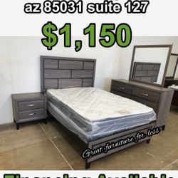 5 PCs Queen Size Bedroom Set Grey Include Bed Frame Dresser Mirror Nightstand Pillow Top Mattress And Boxspring Brand New