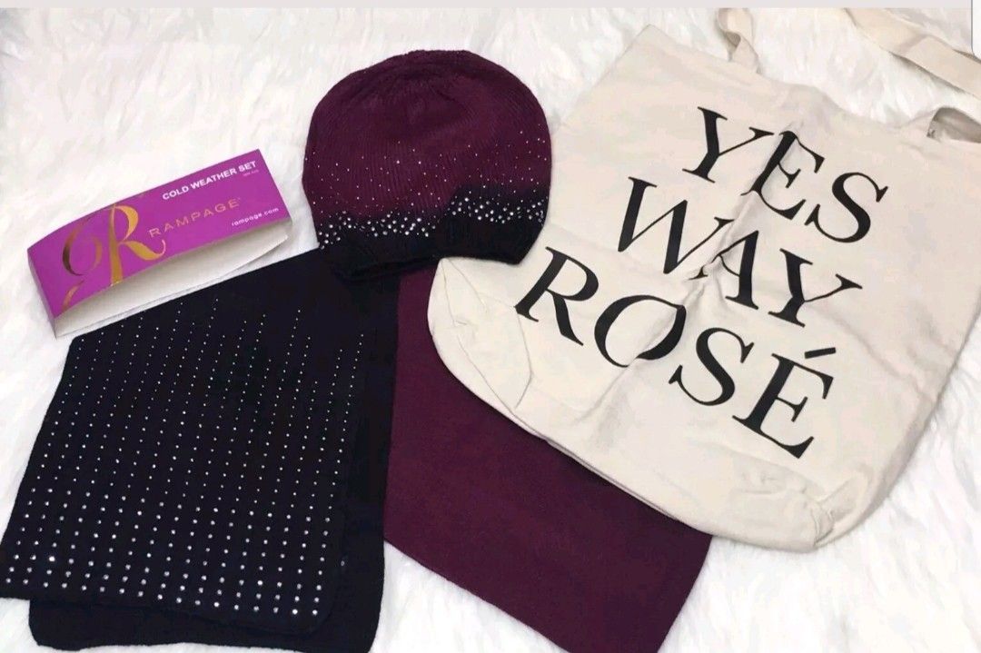 3 piece brand new set including a beanie, a matching Ombré scarf and a canvas bag that says “yes Way Rose” by Rampage