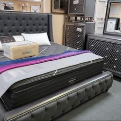 Dark Gray Upholstered Bedroom Set Queen or King Bed Dresser Nightstand Mirror Chest Options