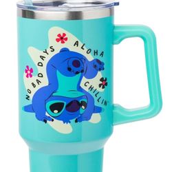 Silver Buffalo Disney Lilo and Stitch Aloha No Bad Days Chillin’ Stainless Steel Tumbler with Handle and Straw, Fits in Standard Cup Holder, 40 Ounces