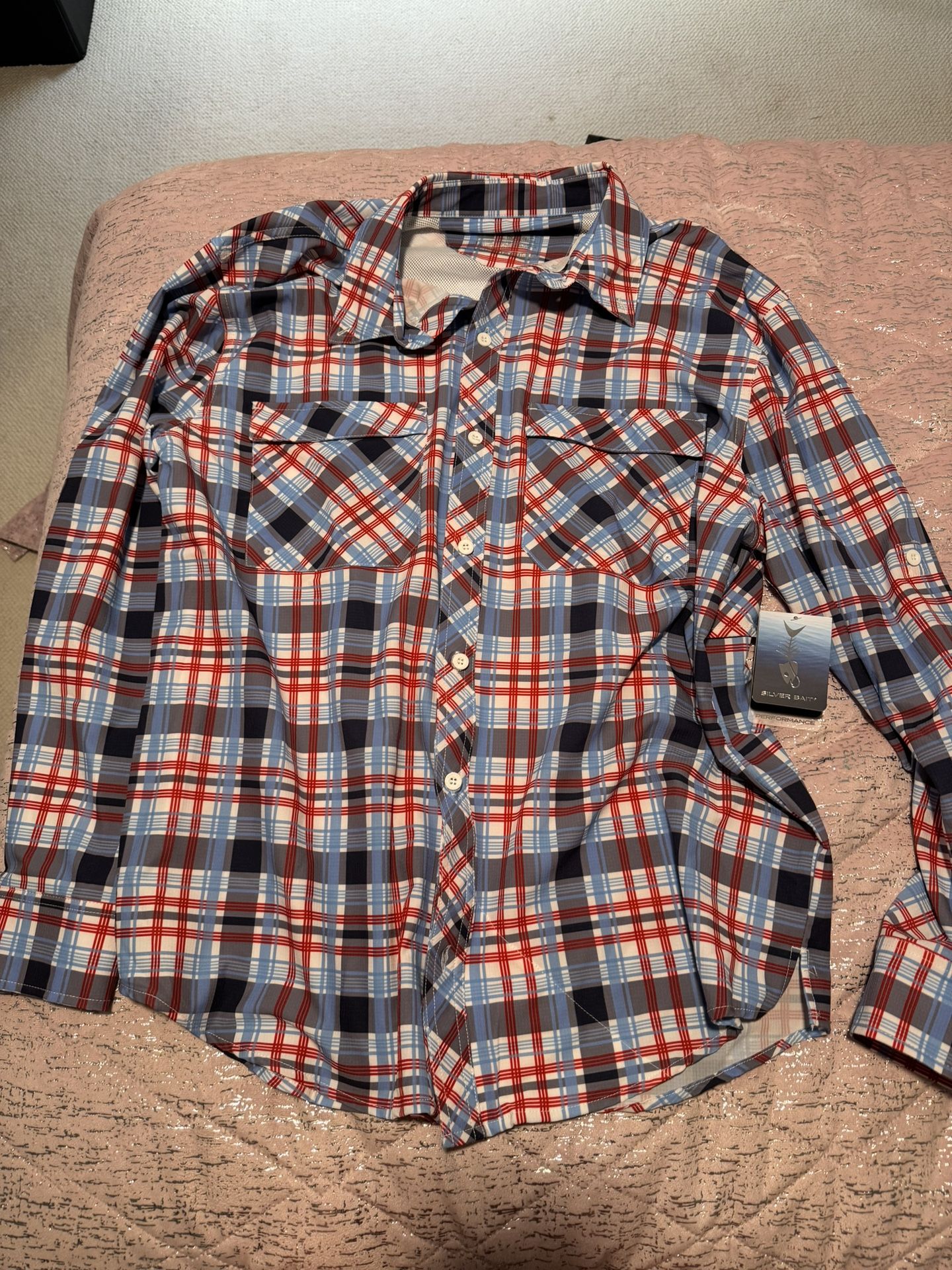 Nwt Mens Large Silver Bait Performance Red White Blue Patriotic Fishing Sun Shirt