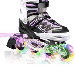 Adjustable Illuminating Inline Skates w/ Light up Wheels, Fun Flashing Beginner Roller Skates 13c-3Y  Color is purple Size is medium