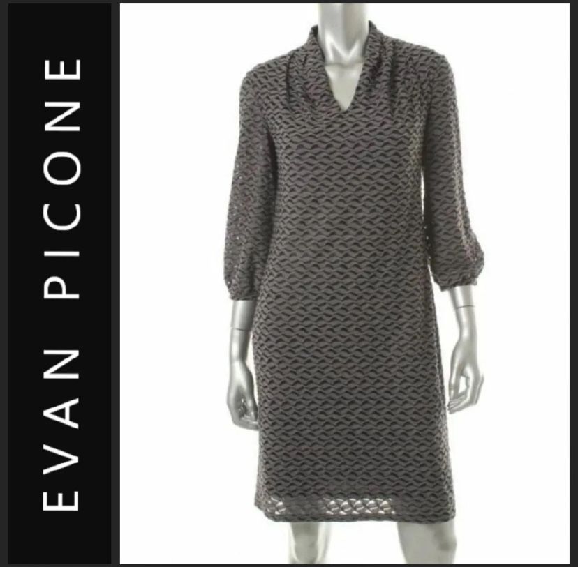 Evan Picone Dress Womens Size 16 Gray Black Textured V Neck 3/4 Sleeve Sheath