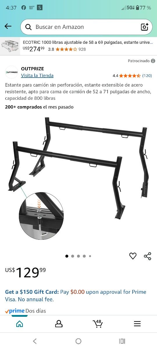Estante para camión sin perforación, estante extensible de acero resistente, apto para cama de camión de 52 a 71 pulgadas de ancho, capacidad de 800 l