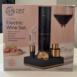 RBT 5-Piece Electric Wine Set with Automatic Corkscrew, Aerator, Foil Cutter, Vacuum Preserver, Charging Base, Black and Gold, Brand New, Never Opened