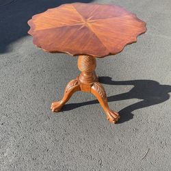 Side End Table Free Form Carved Burl Pedestal Compass Rose Inlay, Mahogany Stain Solid Wood Table