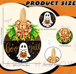 Halloween Wooden Welcome Sign for Front Door Hanging Spooky Ghost Boo Yall Sign with Bow Halloween Wooden Door Hangers Wreath for Farmhouse Home Windo