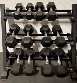 Complete Rubber Hex Dumbbell Set 10–50 lbs with Heavy Duty Rack
