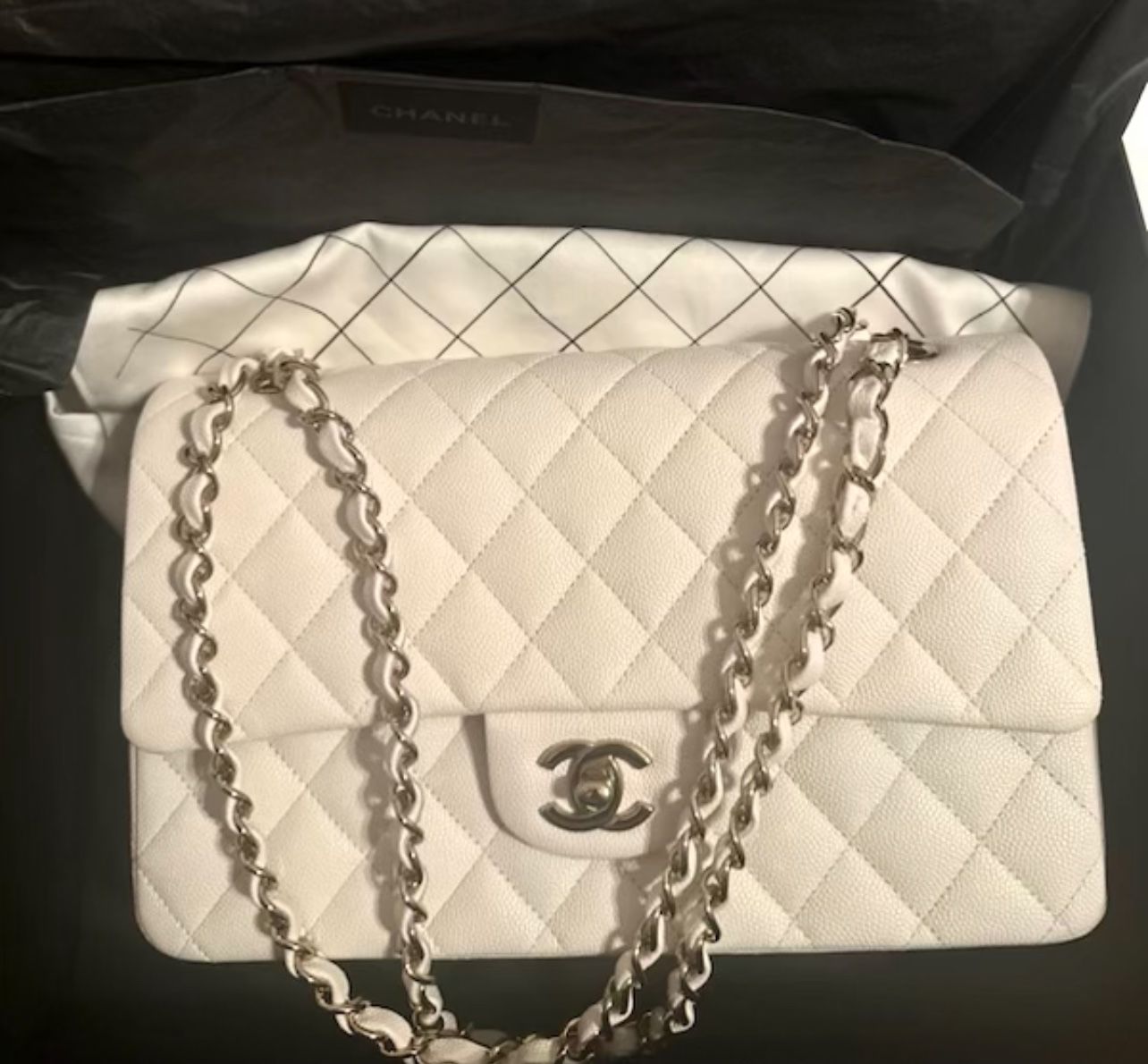 Chanel White Quilted Caviar Medium Classic Double Flap Gold Hardware, 2022 