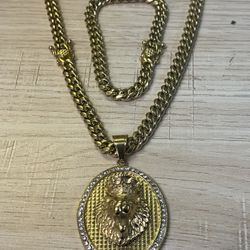 lion pendant and cuban necklace bracelet set🔥🔥