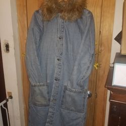 Denim Coat With Removable Faux Fur Collar 