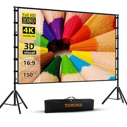 Projector Screen and Stand, 150 inch Indoor Outdoor Projection Screen, Portable 16:9 4K HD Rear Front Movie Screen with Carry Bag Wrinkle-Free Design 