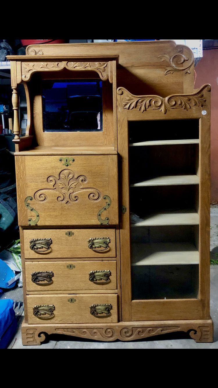 Antique Side By Side Drop Front Oak Secretary