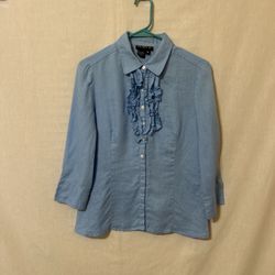 Tracy M Light Blue Button Down Shirt with Ruffle Detail