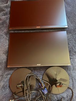 2x Acer Monitors with Stands, Cables, and Keyboards