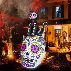 6.7 FT Halloween Inflatable Black Cat Sugar Skull Decorations Day of The Dead Sugar Black Decor Funny Blow Up Outdoor Decoration Yard Dia De Los Muert