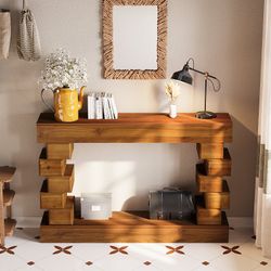 Esplanade Geometric Stacked-Wood Console Table with Warm Natural Finish