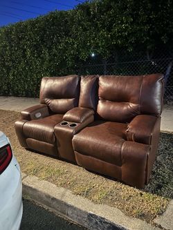 Brown Leather Reclining Sofa Set - 3-Seater + Loveseat w/ Cupholders (Local Pickup)