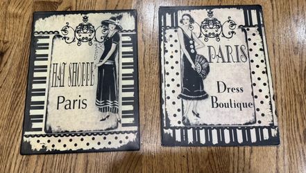 Paris Vintage Metal Wall Art Set Of 2 Dress Boutique Hat Shoppe 1930s
