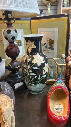 Black Ceramic Vase with Floral Design