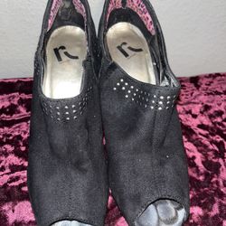 black suede open toe heels