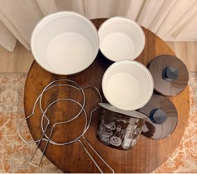 Vintage 70s Cera-Met Brown Enamelware Cookware Set-4pc Retro Kitchen Lot Removable Handles OBO